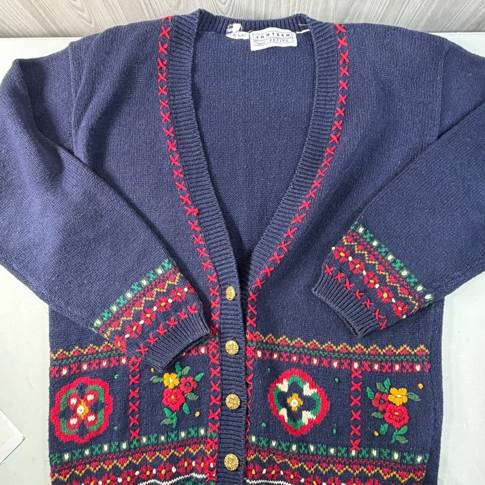Jantzen Classics Cardigan Sweater Hand Embroidered Vintage Navy Floral Cabin L - Picture 3 of 6